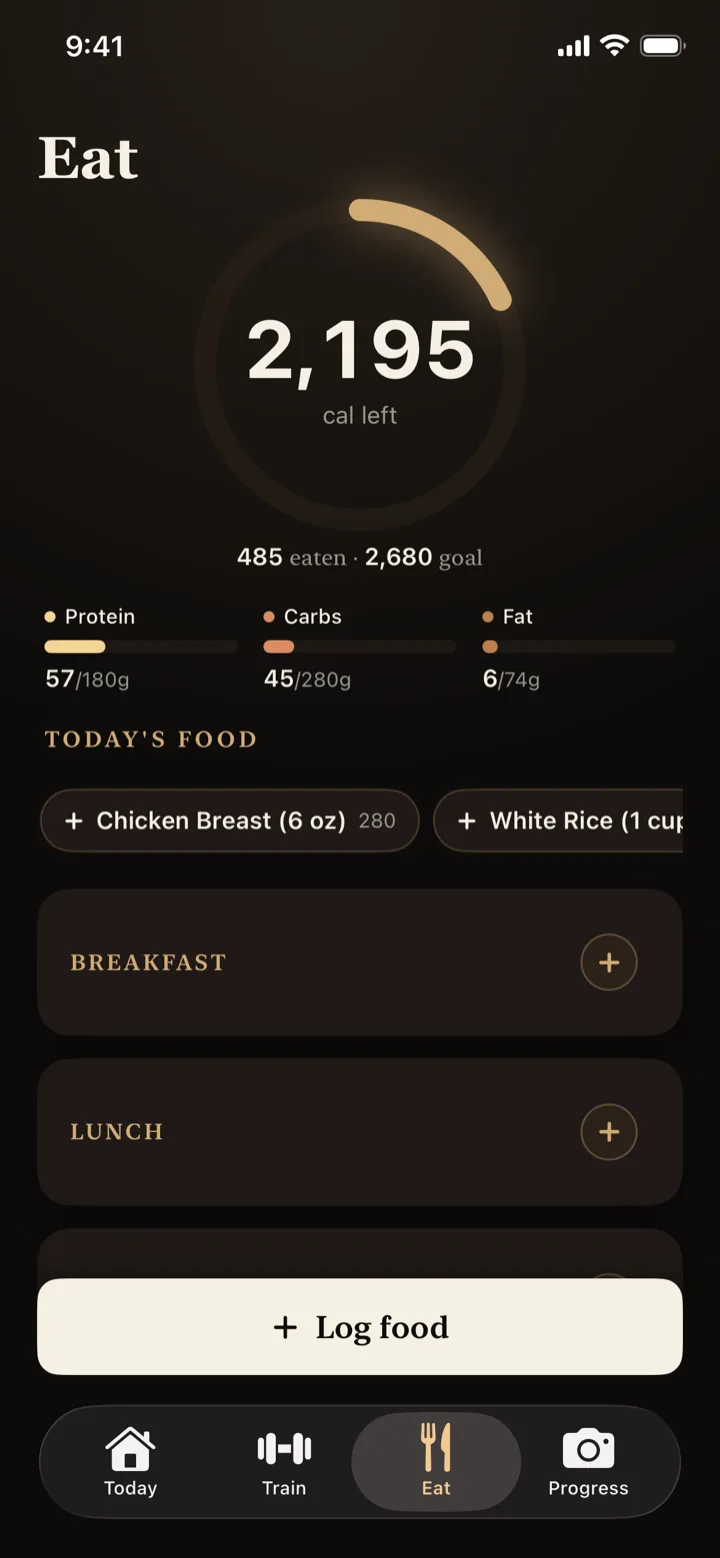 Pancake Eat screen: calories left ring, protein, carb, and fat bars