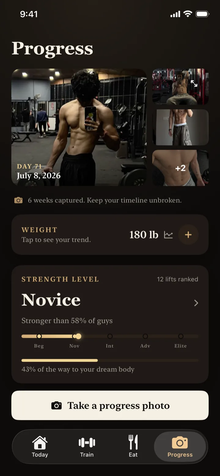 Pancake Progress screen: photo timeline, weight, and strength level