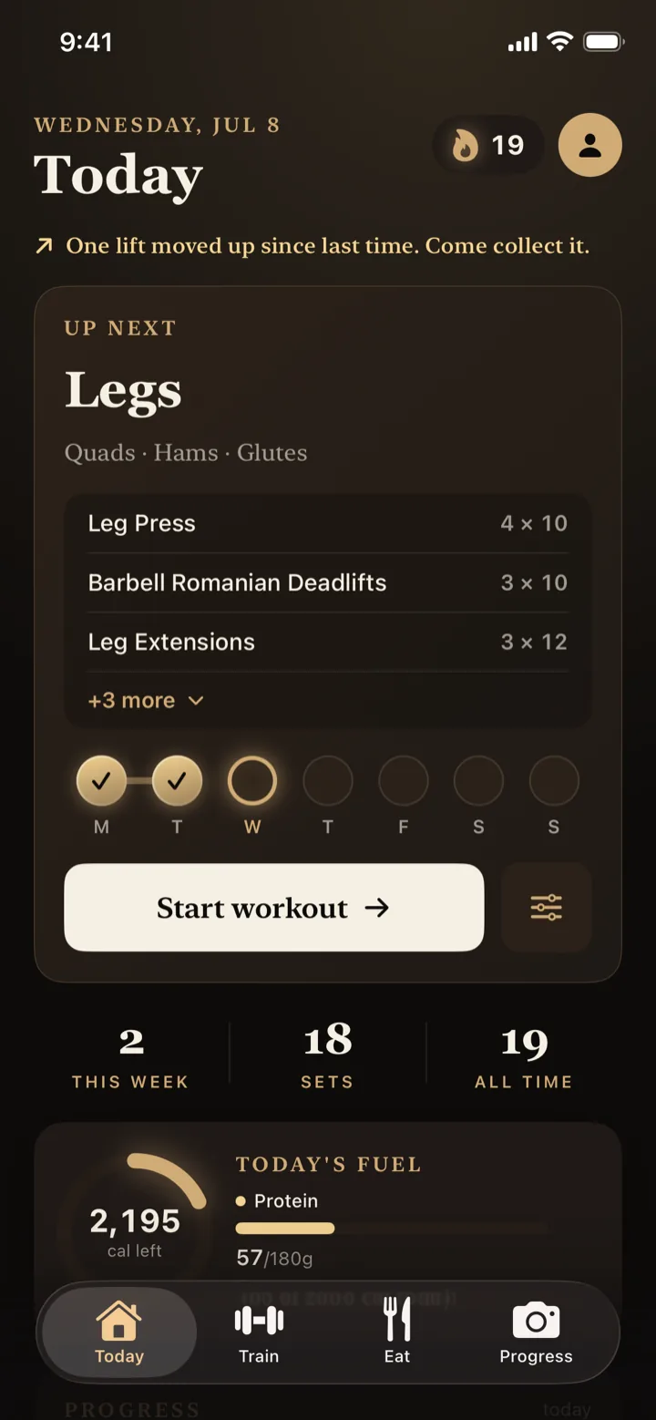 Pancake Today screen: the next session, week streak, and today's fuel