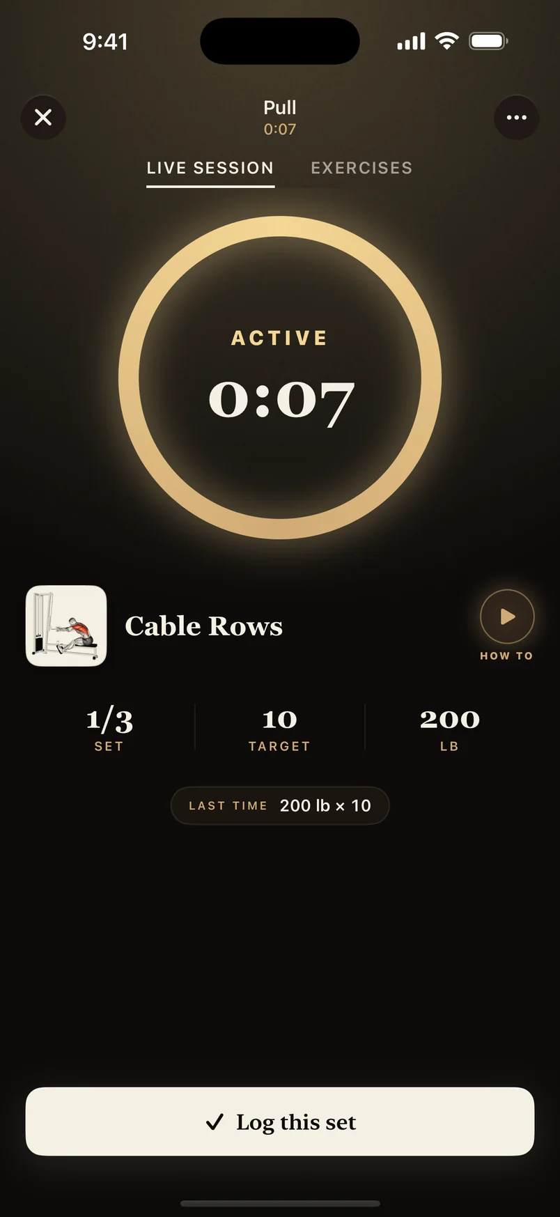 A live set in Evident: Cable Rows, set 1 of 3, target 10 reps at 200 pounds