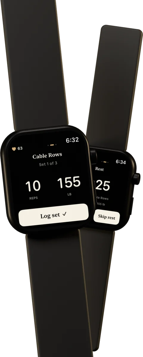 Evident on Apple Watch: Cable Rows, 10 reps at 155 pounds, with a Log set button and the rest timer