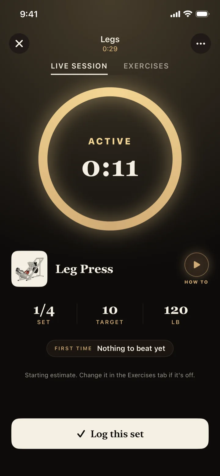An active set in Pancake: set 1 of 4, target 10 reps at 120 lb